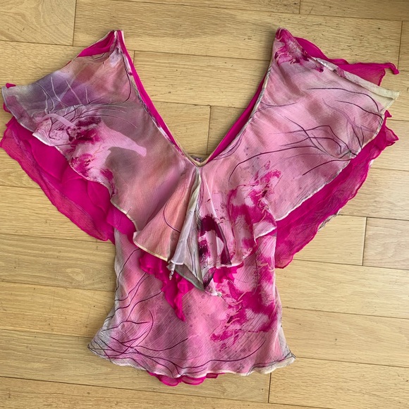 CATHERINE MALANDRINO 100% Silk Pink Tones Flounce Blouse - Picture 4 of 11